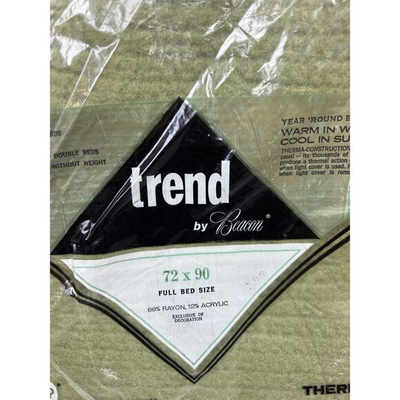 Vintage Green Blanket Satin Trim 72" x 90" Rayon Acrylic Trend By Beacon New NOS - Picture 2 of 8